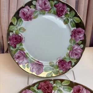 Victoria Austria English Rose And Gold Banded Border 10" Dinner Plates (2)